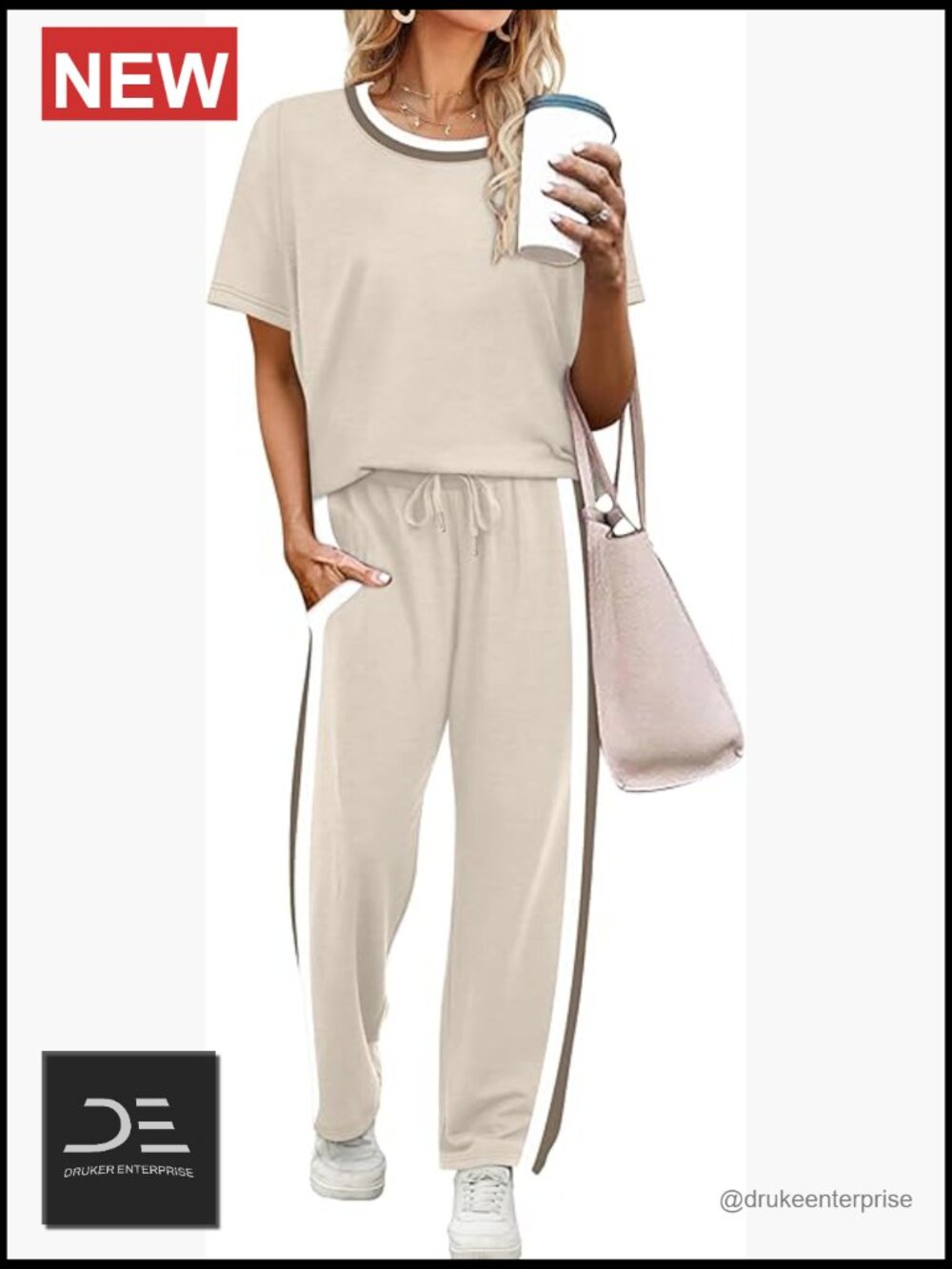 2 Piece Lounge Set for Women - Short Sleeve Top & Wide Leg Pants with Pockets - Picture 1 of 7